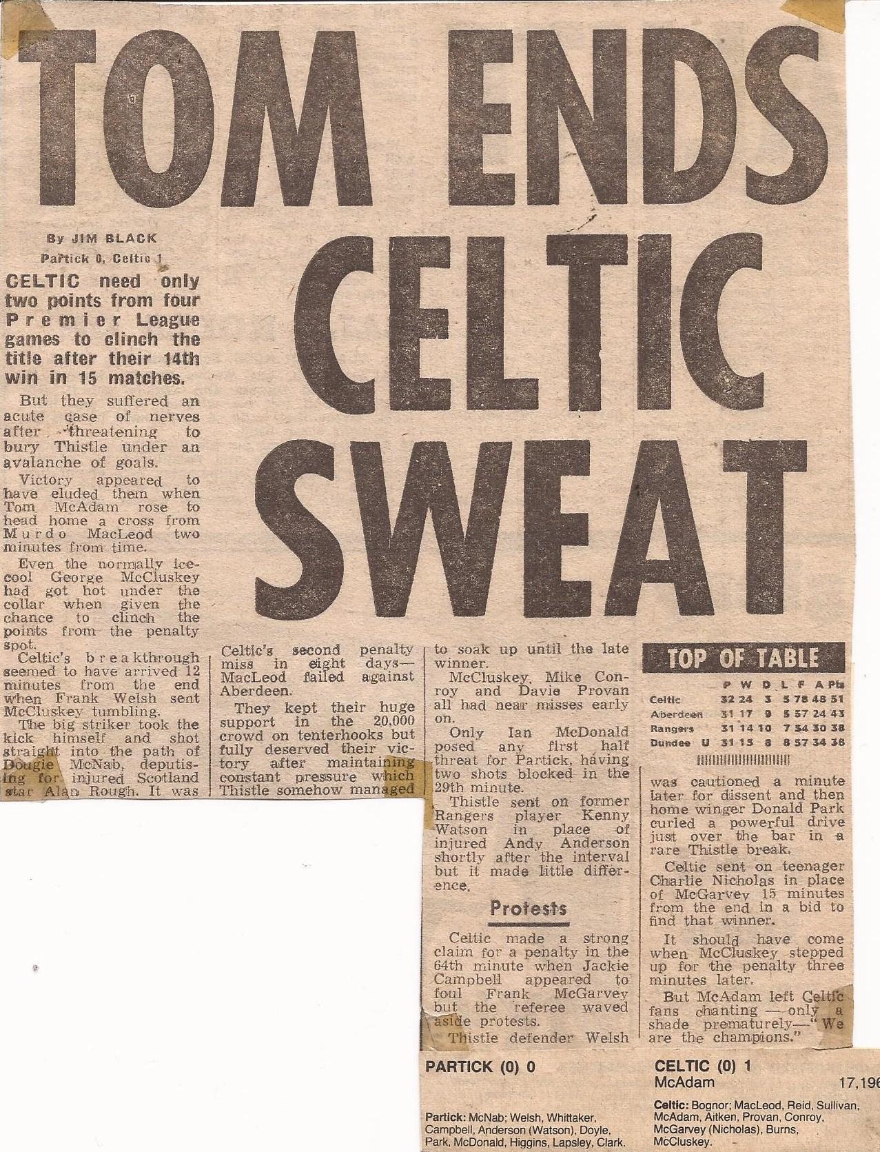 1981-04-05: Partick Thistle 0-1 Celtic, Premier Division - The Celtic Wiki