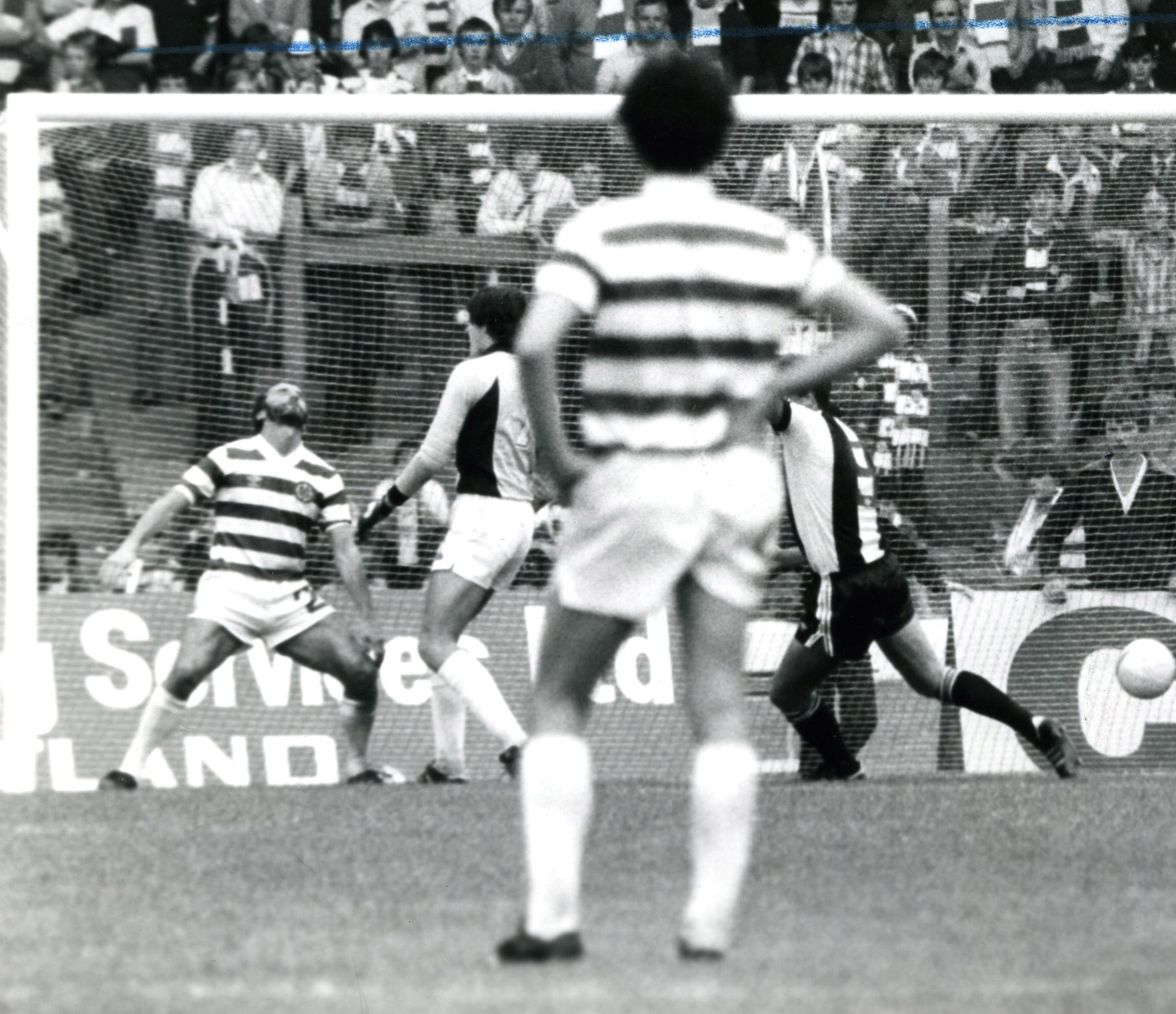 McGrain clears off the line v St Mirren 1981