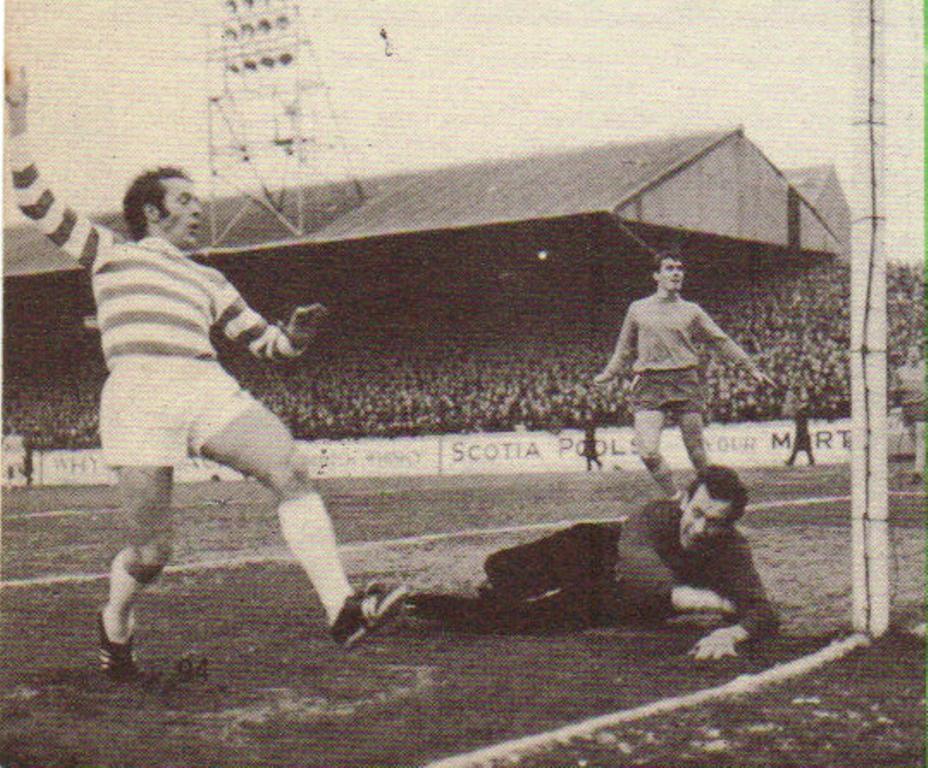 Harry Hood scores at Cappielow 1969