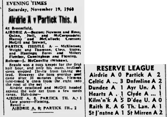 Match Report v Airdrie Reserves (H) Nov 1960 Match Report v Airdrie Reserves (H) Nov 1960