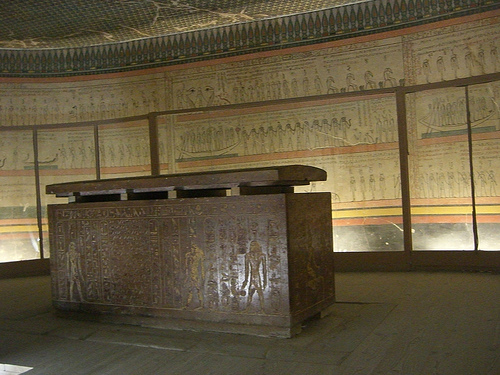 KV34 - Burial chamber - sarcophagus showing Imsety, Anubis, and Duamutef KV34 - Burial chamber - sarcophagus showing Imsety, Anubis, and Duamutef