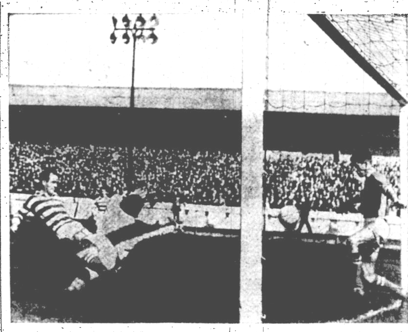 Divers, Celtic'c inside left kicks the ball between the diving McCulloch and Gray Clyde's right back for his second goal