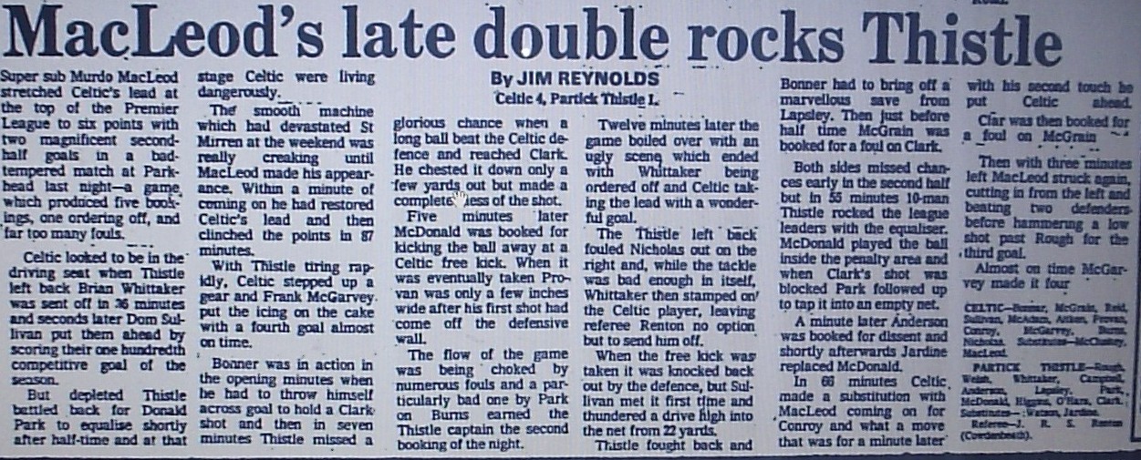 1981 Celtic 4-1 Partick Thistle report