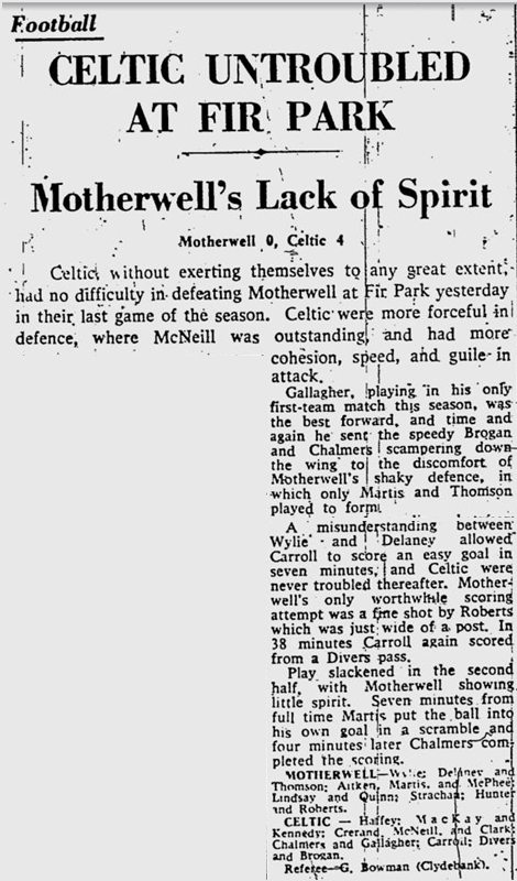 Motherwell v Celtic, League, 23/4/62, Glasgow Herald