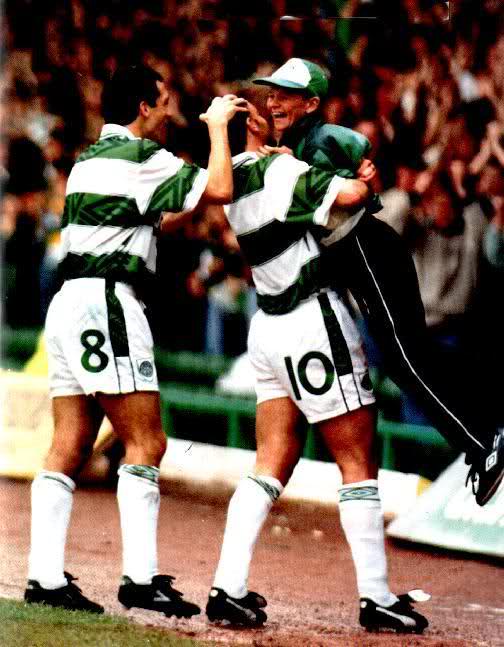 Nicholas grabs a ballbhoy in delight after goal against Hibs 1992