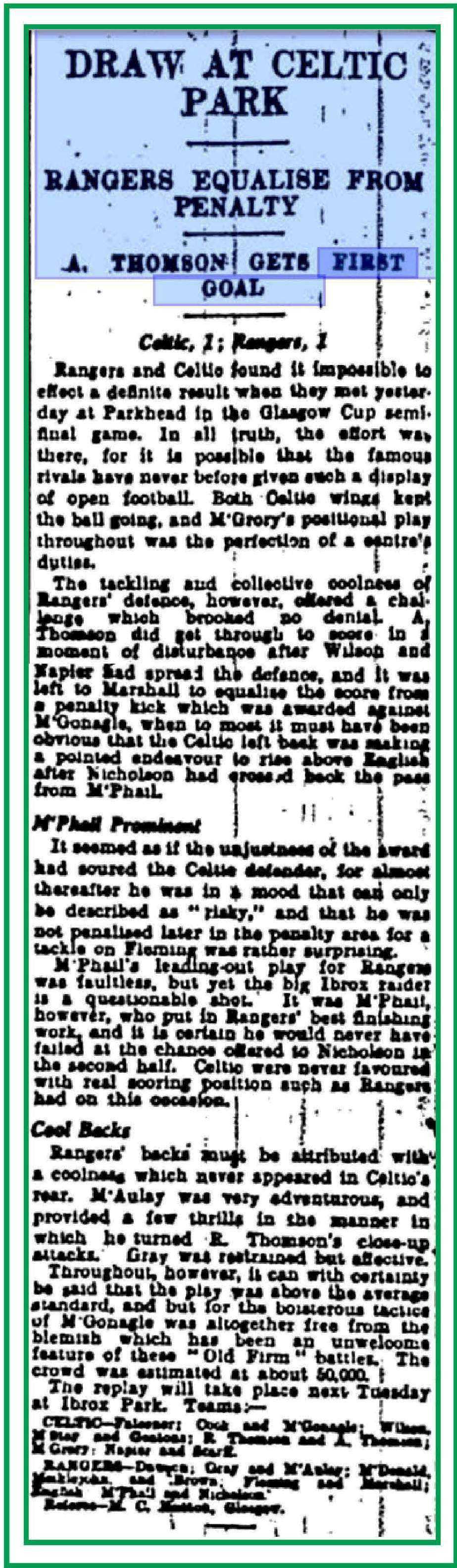 Celtic v Rangers GC Sep 1931