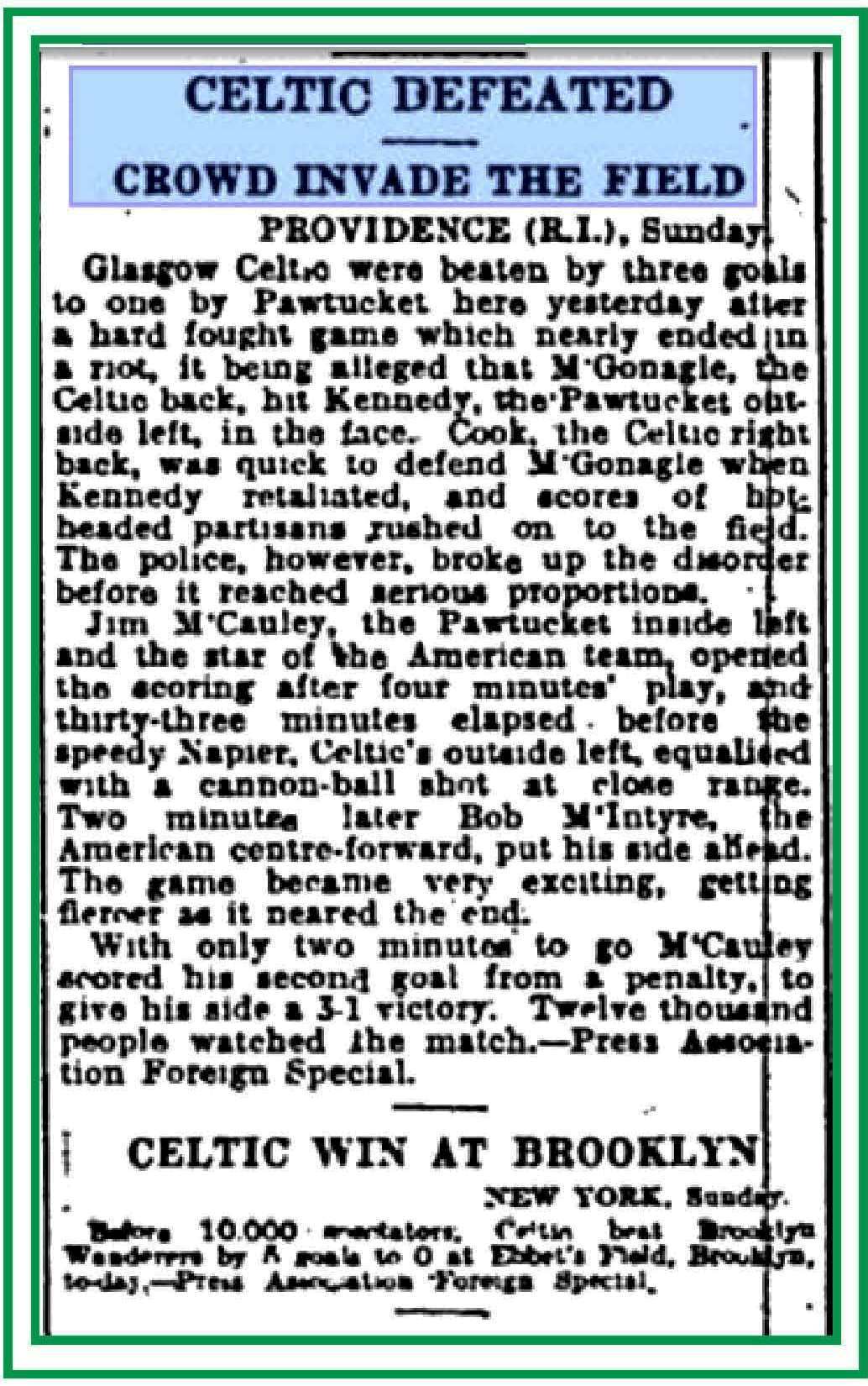 Pawtucket Rangers v Celtic 1931 US Tour