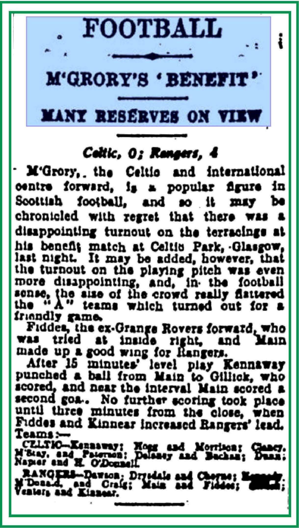 Celtic v Rangers McGrory Testimonial 1934