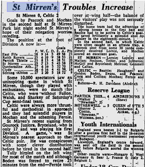 St Mirren v Celtic, League, Glasgow Herald 29/3/56