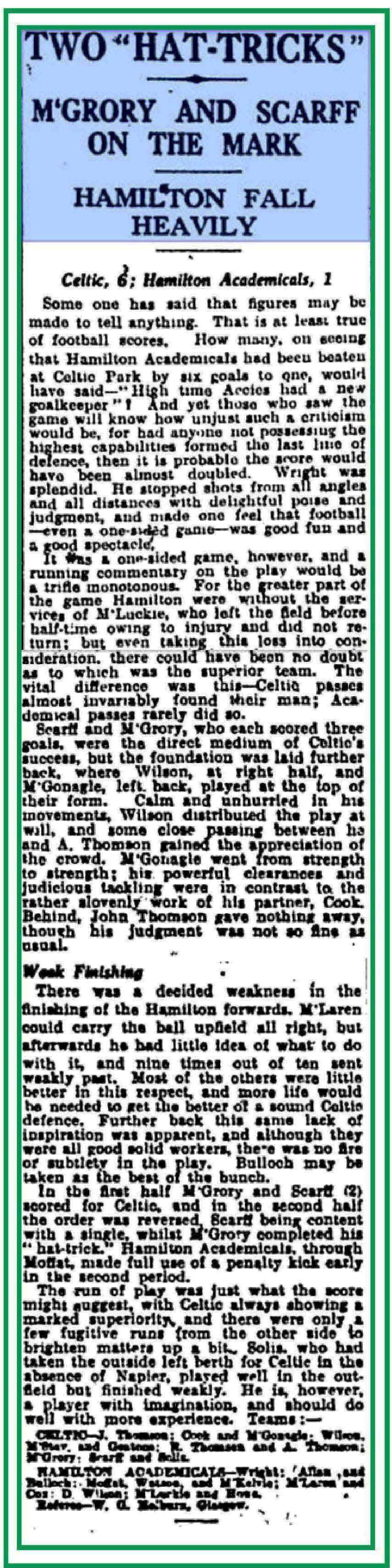 Celtic v Hamilton Aug 1931