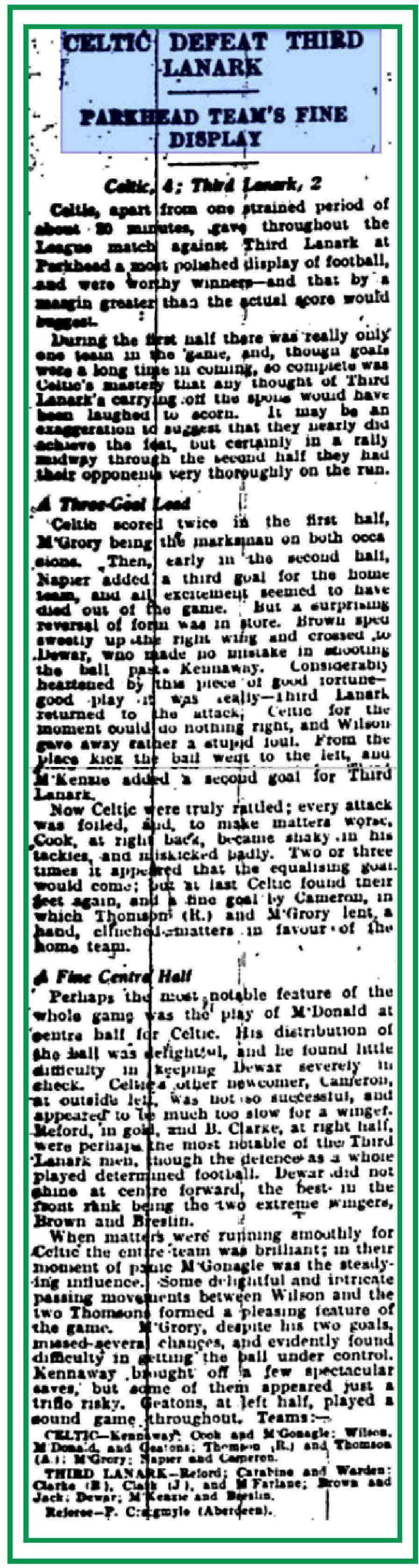 Celtic v Third Lanark Aug 1932