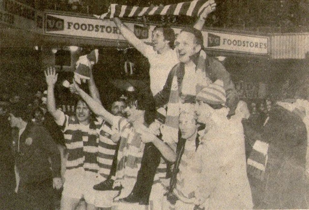 Celtic players celebrate League win Tannadice 1981