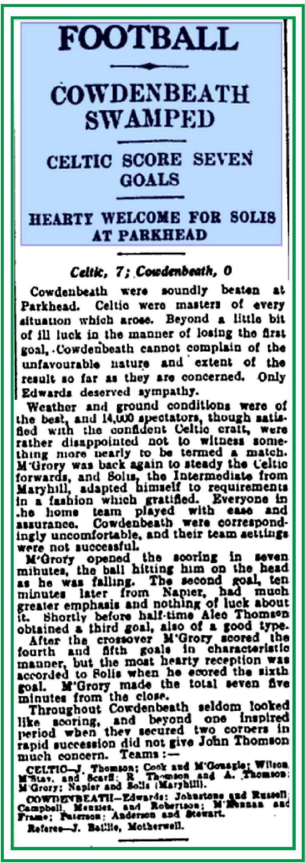 Celtic v Cowdenbeath Aug 1931