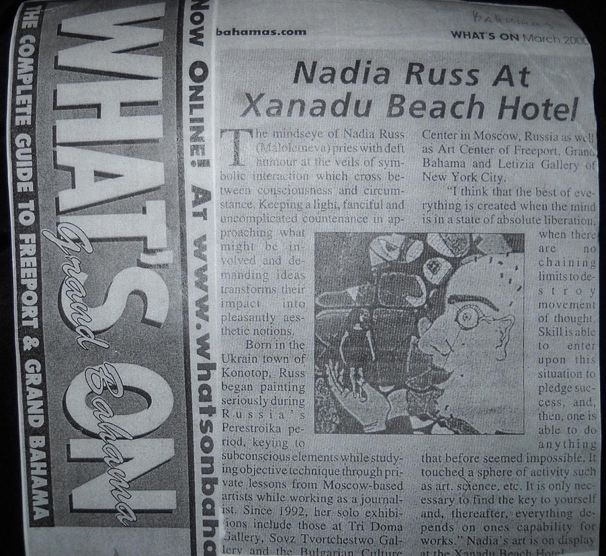 Article about Nadia Russ (Nadejda Maloletneva) in Bahamas' newspapeer "What's On" Article about Nadia Russ (Nadejda Maloletneva) in Bahamas' newspapeer "What's On"