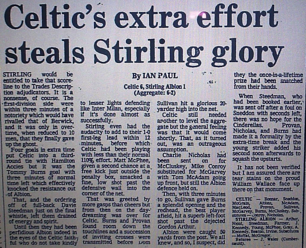 1980 Celtic 6-1 Stirling Albion report