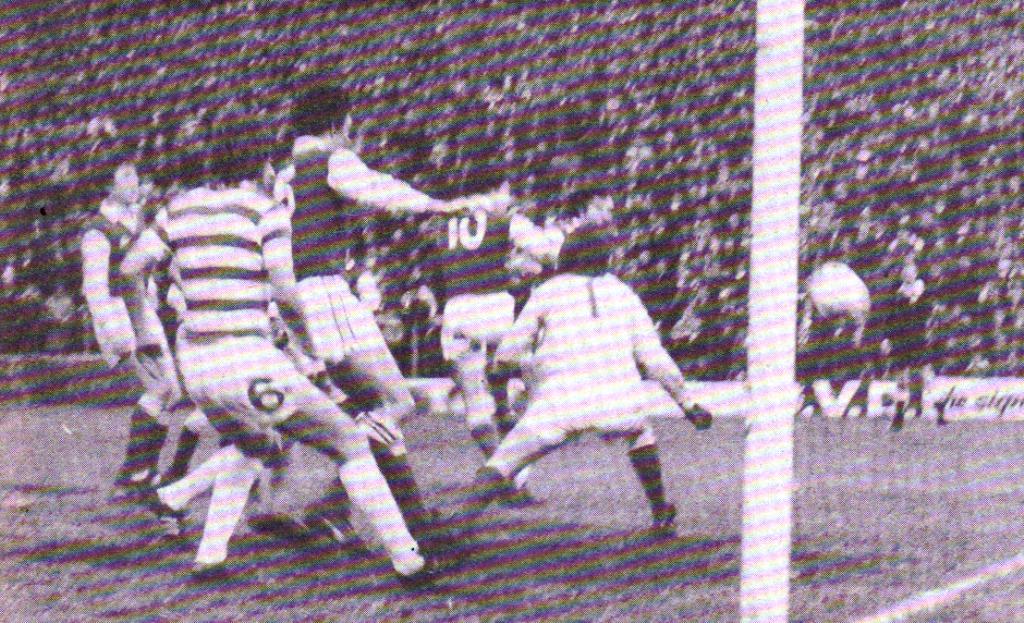 Roy Aitken scores with a header Easter Road 1980